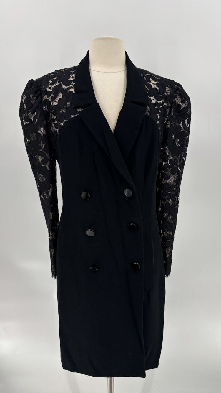 Vintage Martha Blazer Dress Womens Medium Black Lace 80s Double Breasted Gothic
